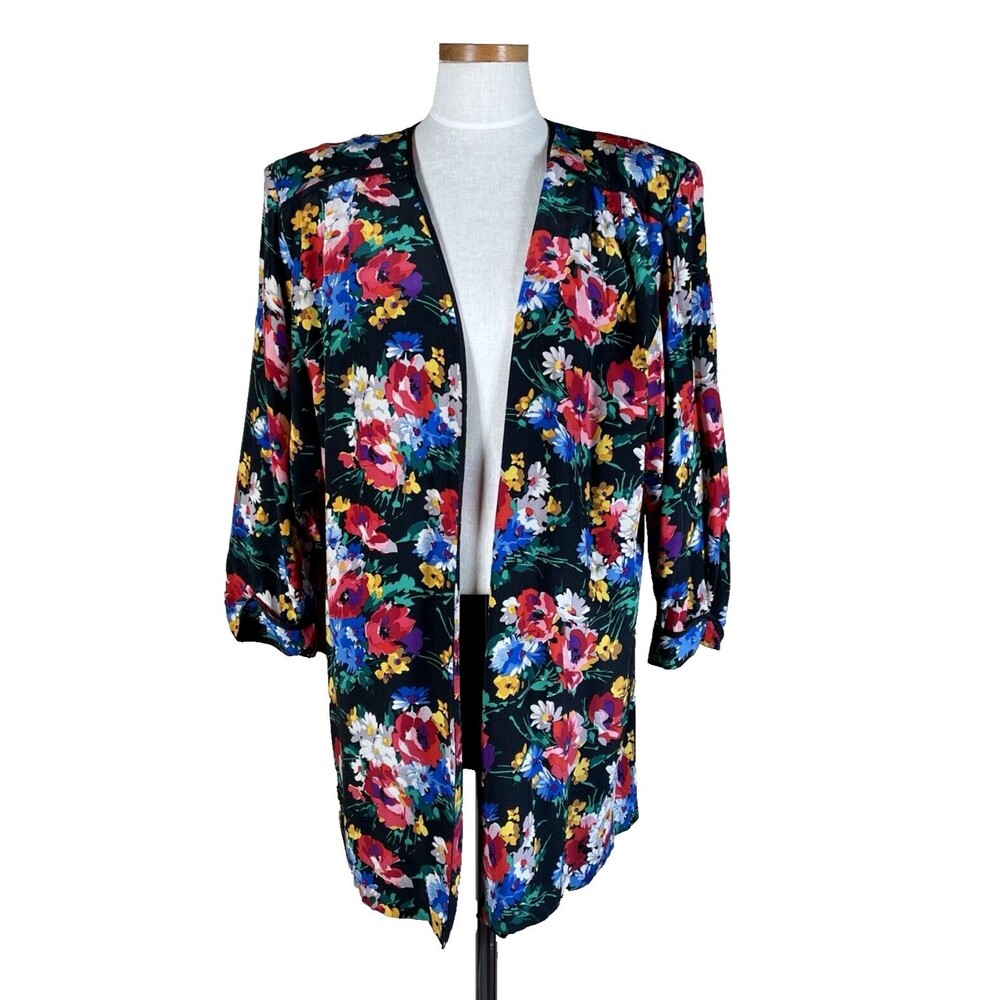 Argenti Womens Blazer Jacket Bright  Floral SILK Size 14 Shoulder Pads!! VINTAGE
